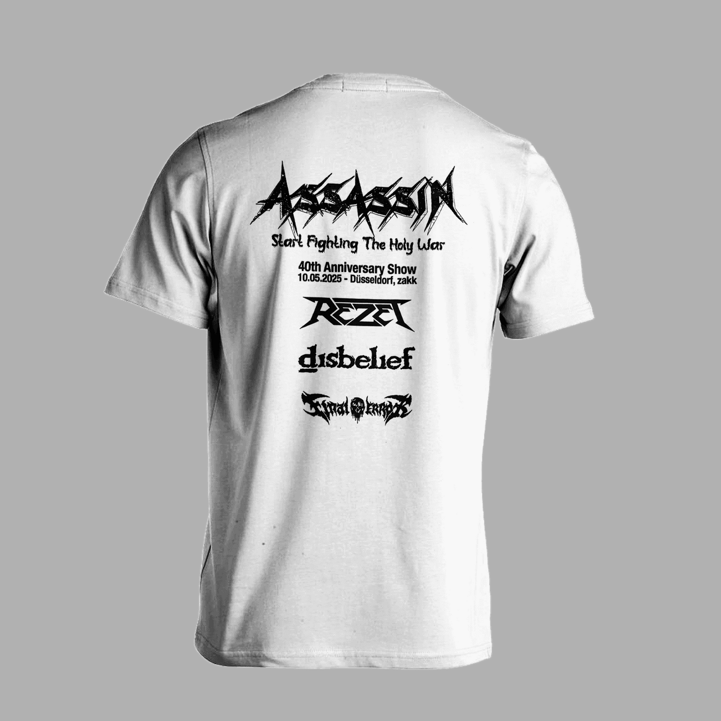 Back of white Assassin 40th Anniversary T-Shirt listing concert bands and date, celebrating the 2025 Düsseldorf metal event in style.