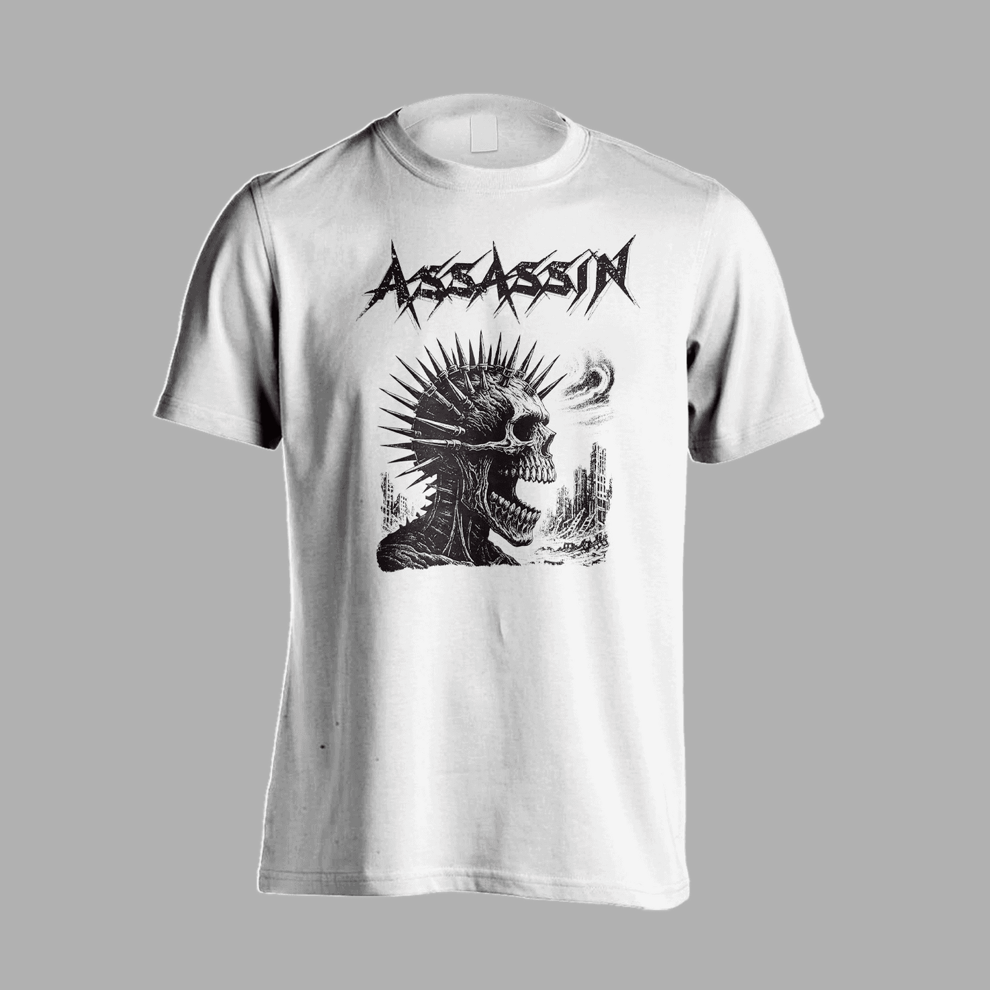 White Assassin 40th Anniversary T-Shirt with bold skull artwork and band logo, great for fans of heavy metal apparel and band memorabilia.