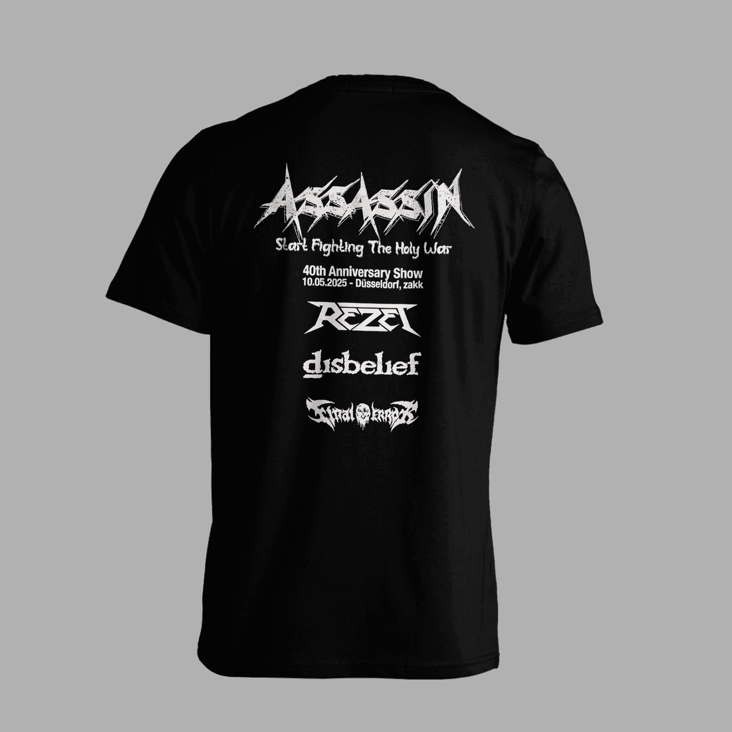 Back of black Assassin 40th Anniversary T-Shirt with tour lineup and event details, perfect for commemorating the Düsseldorf 2025 metal show.