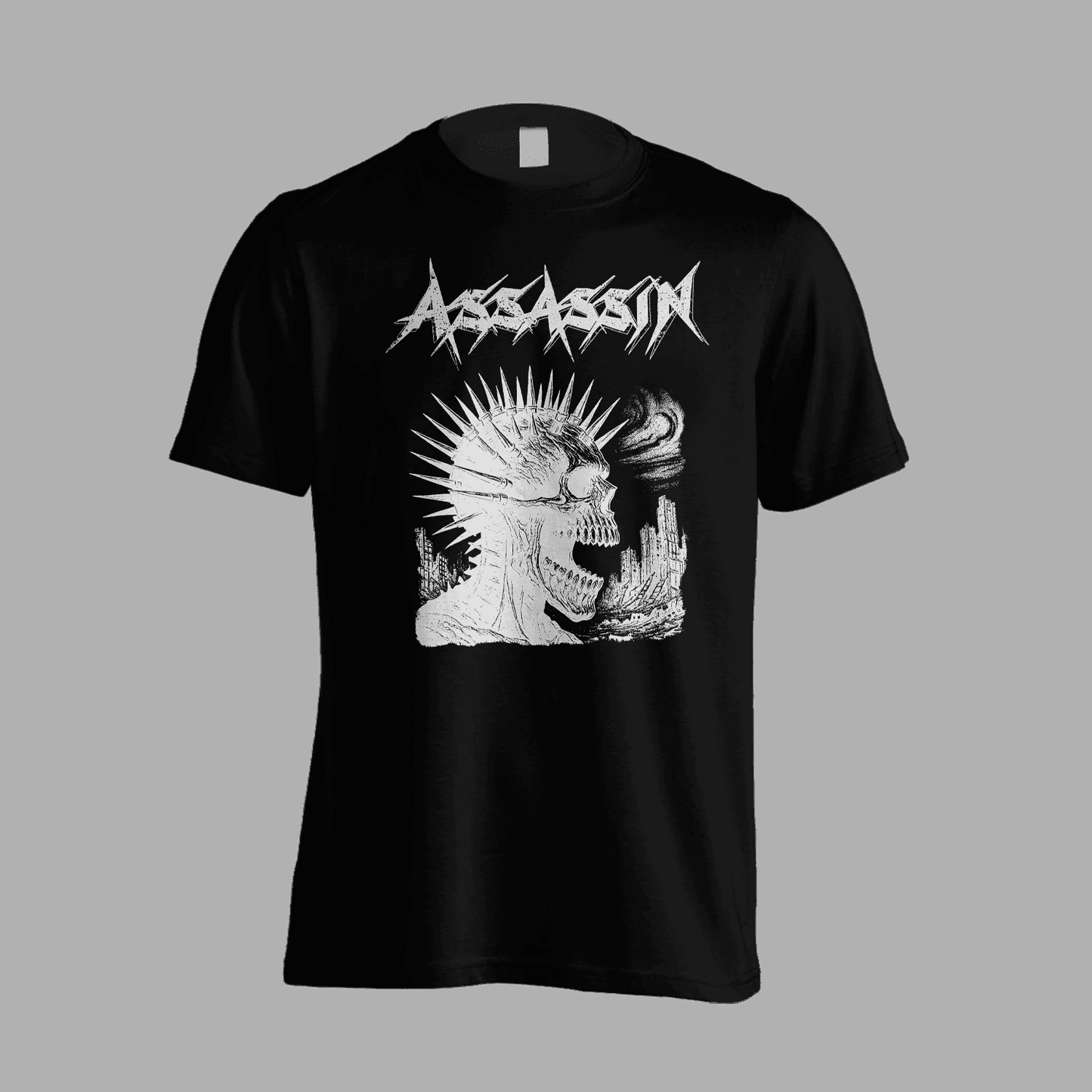 Black Assassin 40th Anniversary T-Shirt featuring spiked skull graphic and band logo, ideal for metal music fans and concert merchandise collectors.