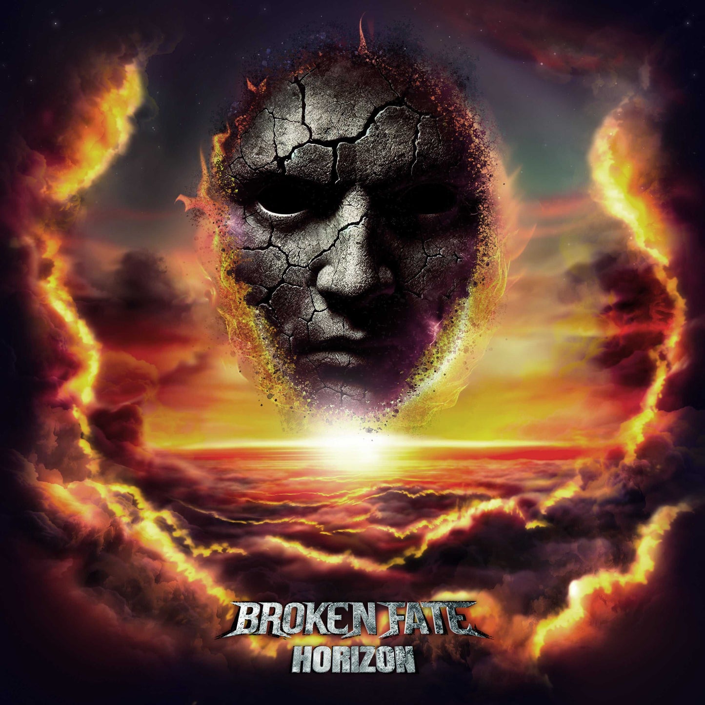 Album cover art for Broken Fate LP 'Horizon' Vinyl shows a cracked stone face in a dramatic sunset sky with bold clouds and glowing horizon. Perfect for music and vinyl enthusiasts.