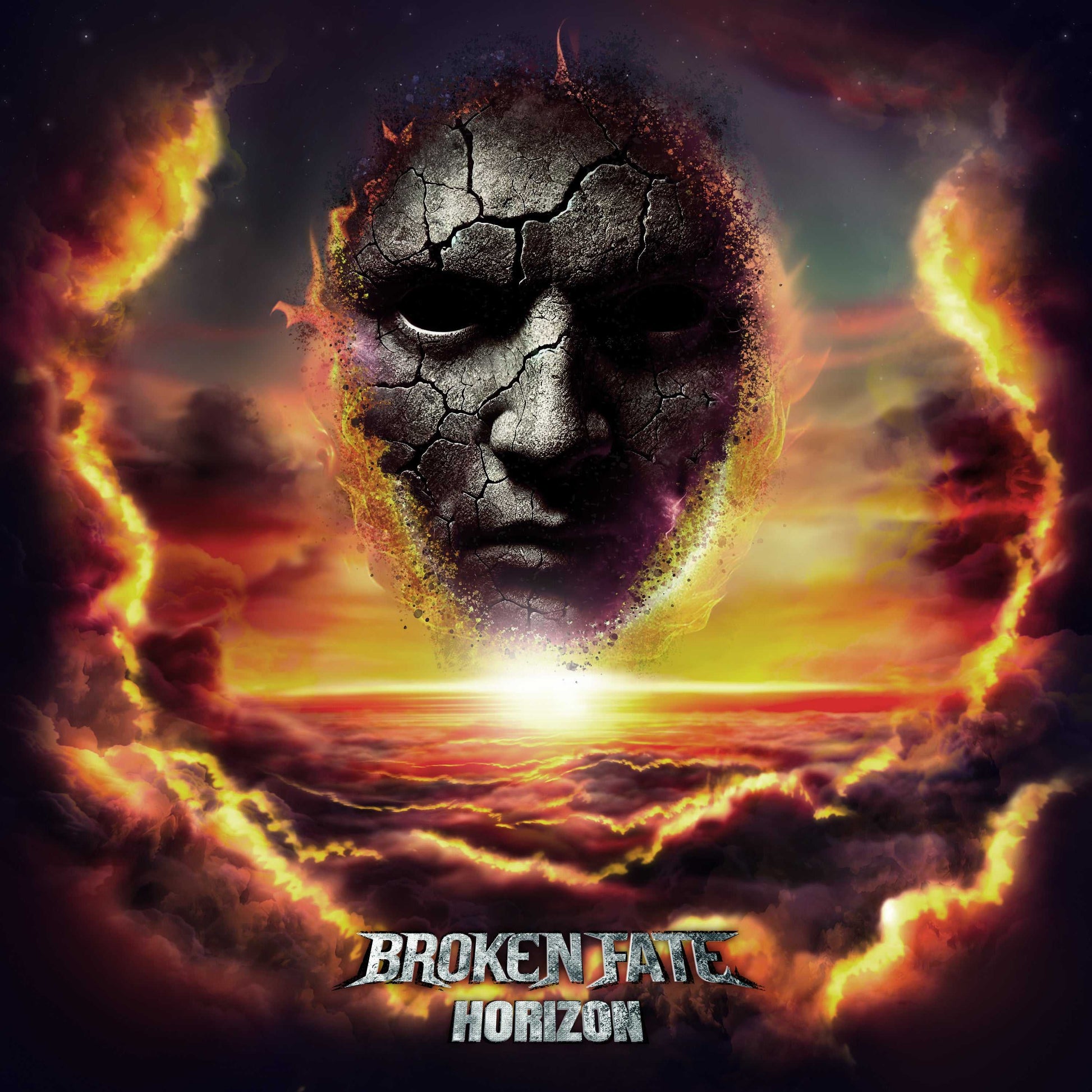 Album cover art for Broken Fate LP 'Horizon' Vinyl shows a cracked stone face in a dramatic sunset sky with bold clouds and glowing horizon. Perfect for music and vinyl enthusiasts.
