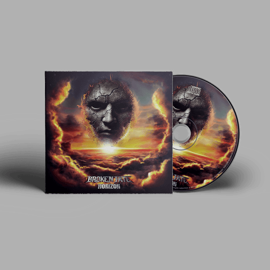 Broken Fate CD 'Horizon' digipack featuring a dramatic cracked stone face emerging from fiery clouds with a sunset horizon background.