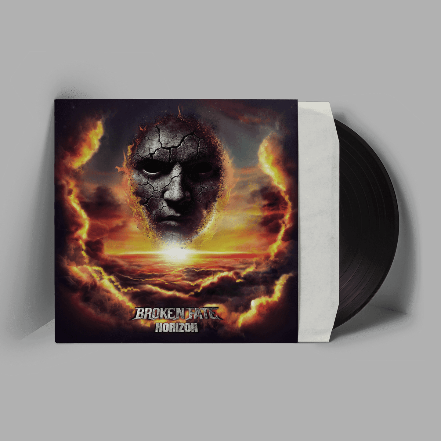 Broken Fate LP 'Horizon' Vinyl features a cracked stone face emerging from a fiery sunset sky, packaged in a black vinyl sleeve. Ideal for rock and metal vinyl collectors.