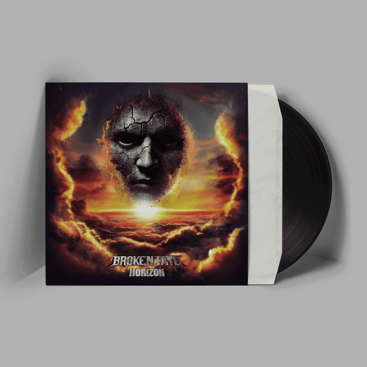 Broken Fate LP 'Horizon' Vinyl features a cracked stone face emerging from a fiery sunset sky, packaged in a black vinyl sleeve. Ideal for rock and metal vinyl collectors.