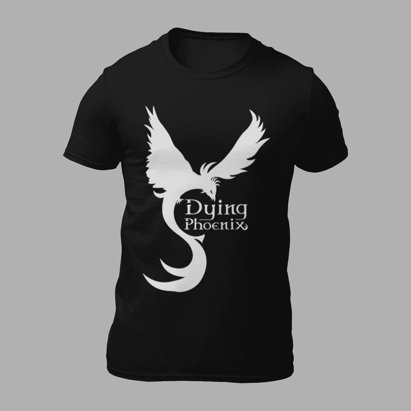 Black Dying Phoenix T-Shirt featuring bold white band logo with stylized phoenix graphic, ideal for rock and metal music fans.