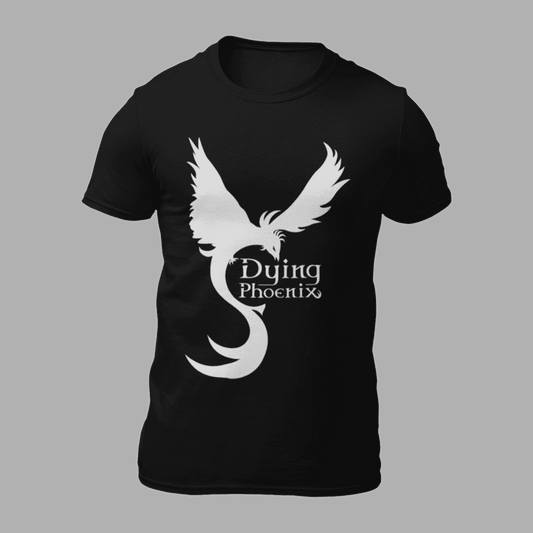 Black Dying Phoenix T-Shirt featuring bold white band logo with stylized phoenix graphic, ideal for rock and metal music fans.