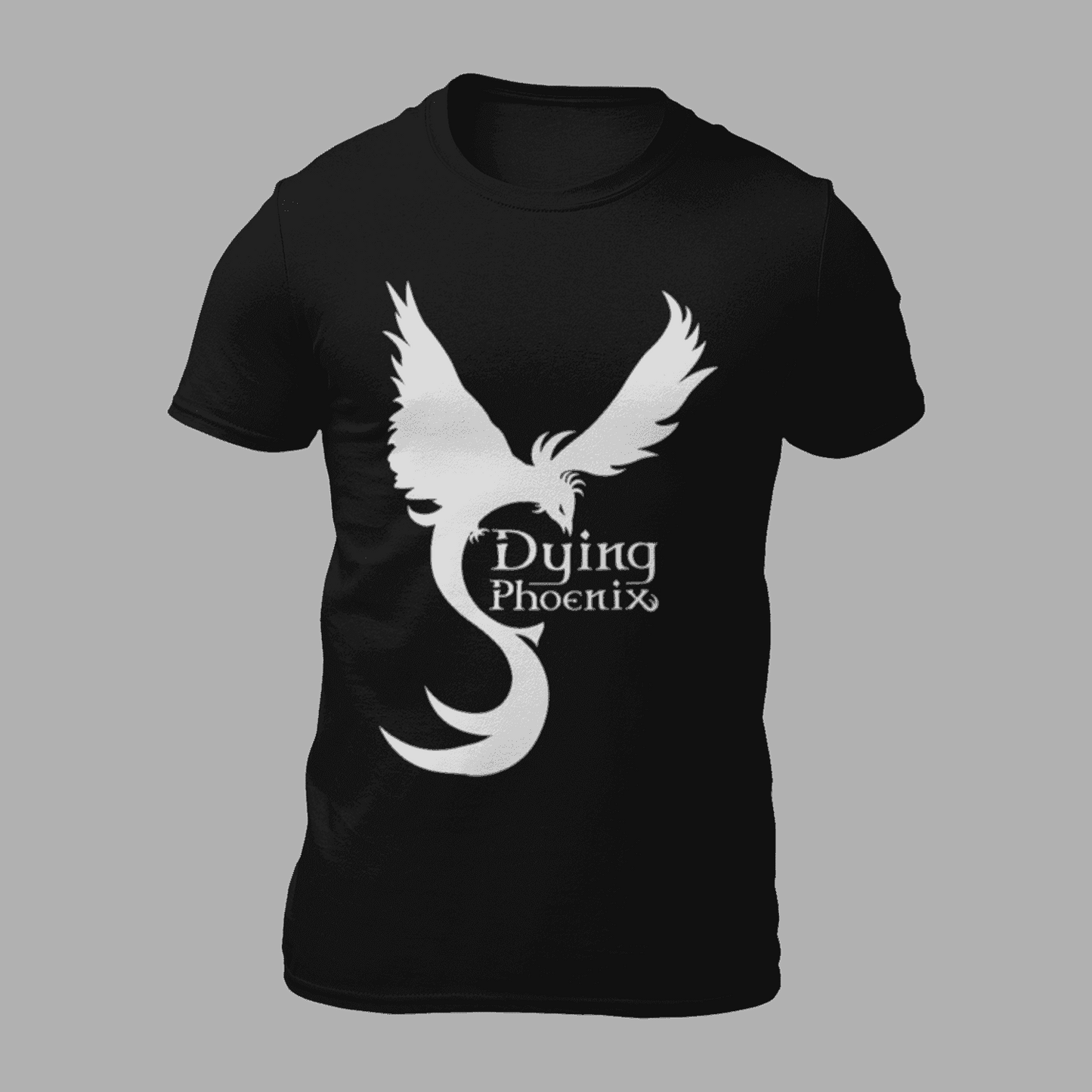 Black Dying Phoenix T-Shirt featuring bold white band logo with stylized phoenix graphic, ideal for rock and metal music fans.