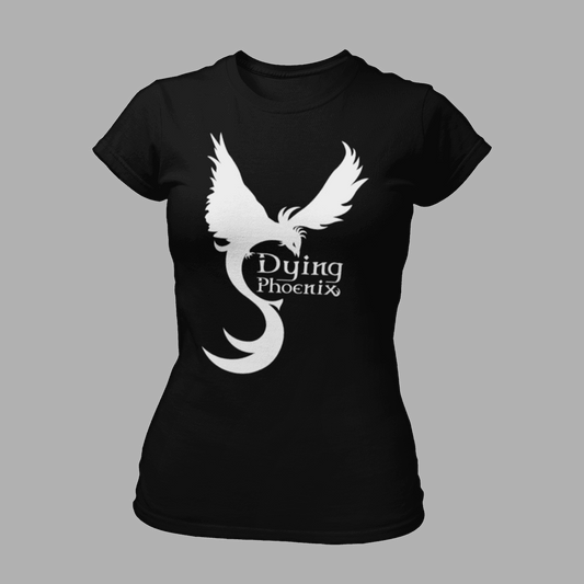 Black Dying Phoenix T-Shirt 'Band Logo' Girlie with white phoenix graphic and bold band name, fitted for women. Ideal for rock band apparel fans.