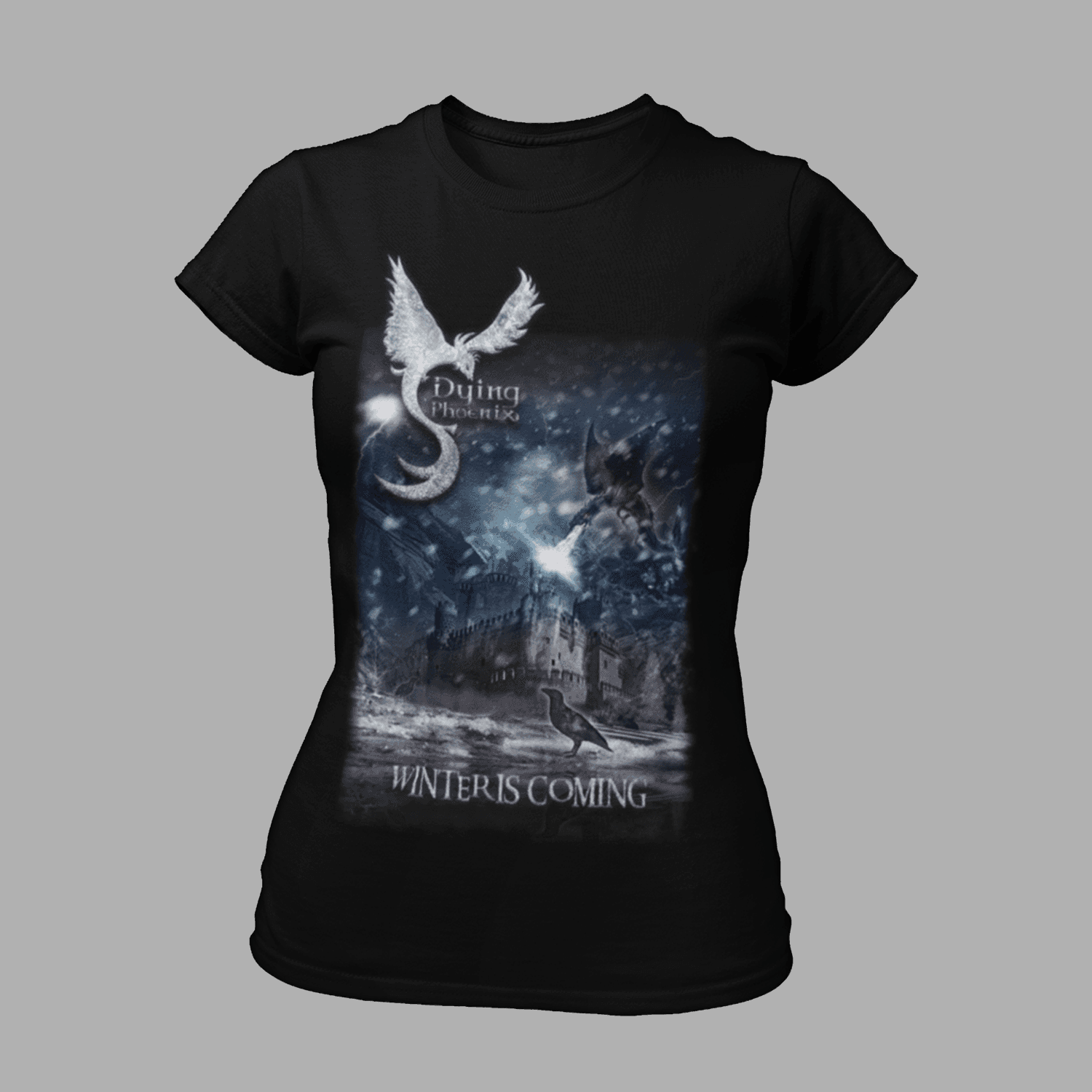 Dying Phoenix T-Shirt 'Winter Is Coming' Girlie features a fantasy winter scene with a castle, dragon, and raven on a fitted black tee for women.