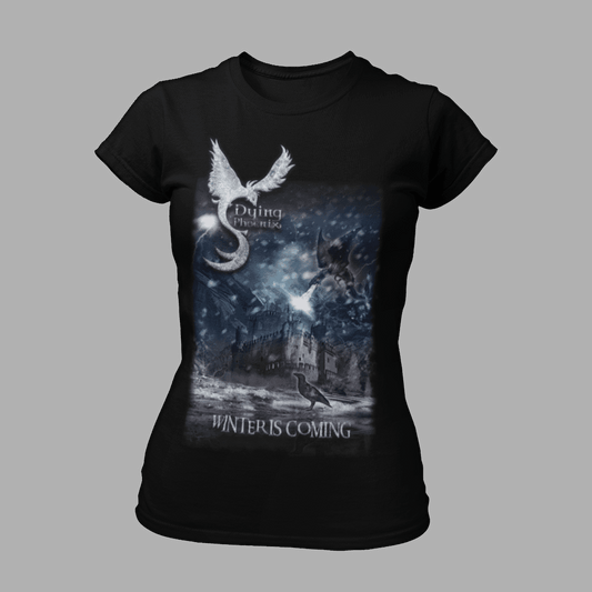 Dying Phoenix T-Shirt 'Winter Is Coming' Girlie features a fantasy winter scene with a castle, dragon, and raven on a fitted black tee for women.