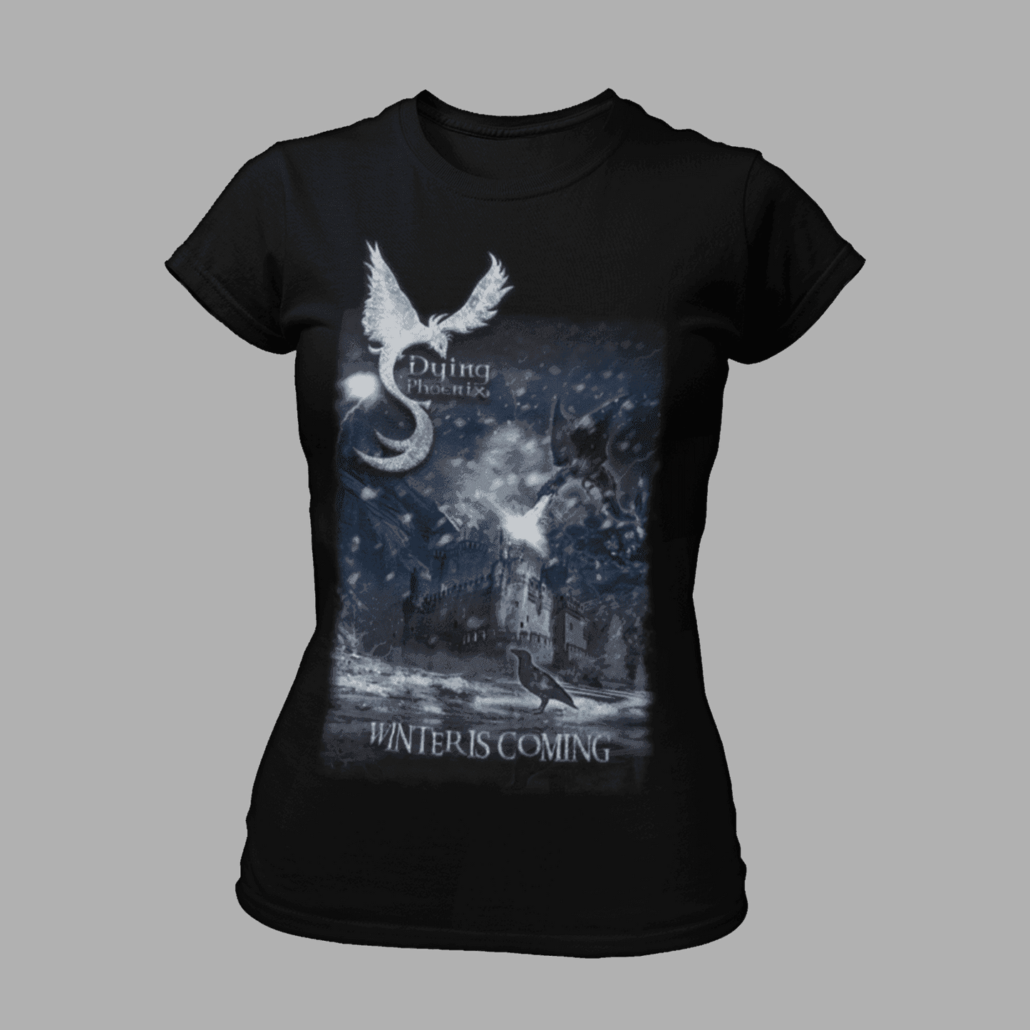 Dying Phoenix T-Shirt 'Winter Is Coming' Girlie features a fantasy winter scene with a castle, dragon, and raven on a fitted black tee for women.