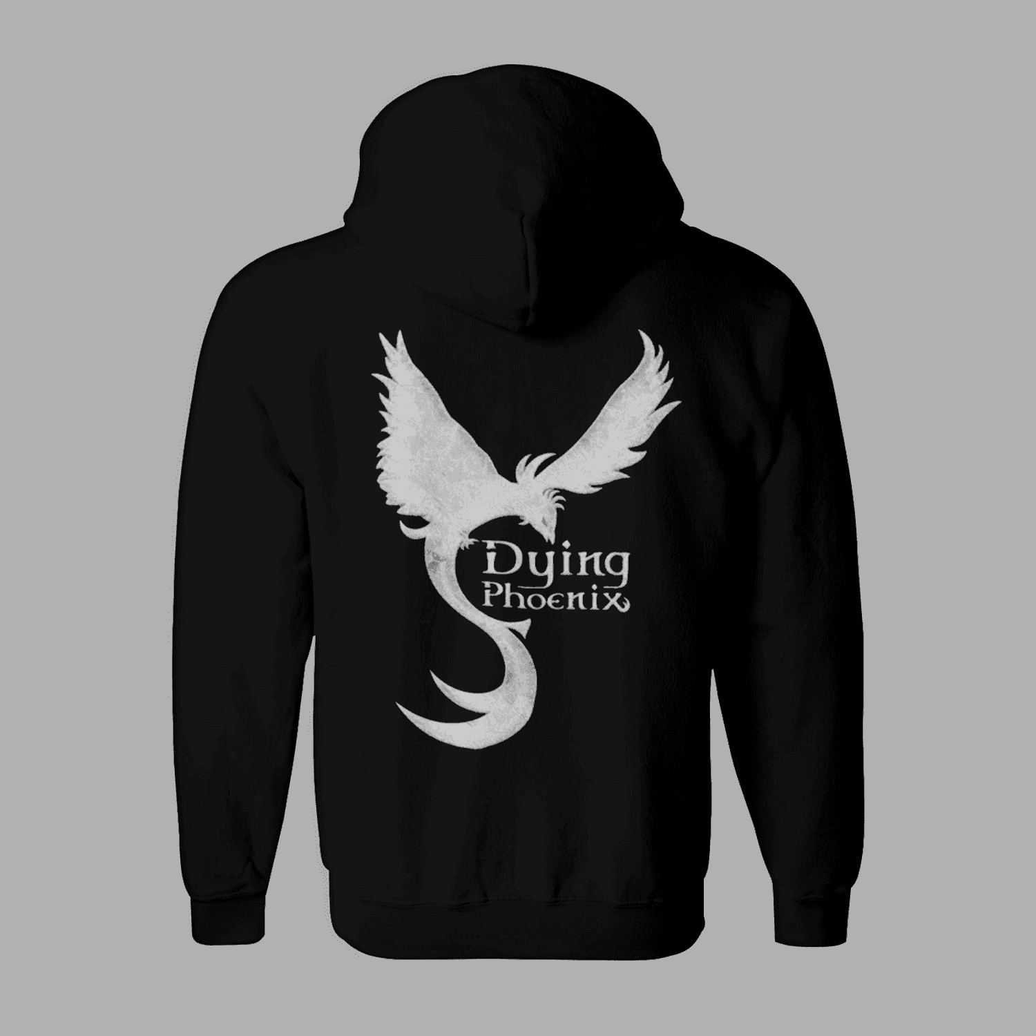 Back view of Dying Phoenix Zipper 'Band Logo' hoodie in black featuring a large white phoenix graphic and band name text. Ideal for rock band apparel fans.