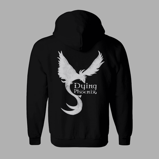 Back view of Dying Phoenix Zipper 'Band Logo' hoodie in black featuring a large white phoenix graphic and band name text. Ideal for rock band apparel fans.