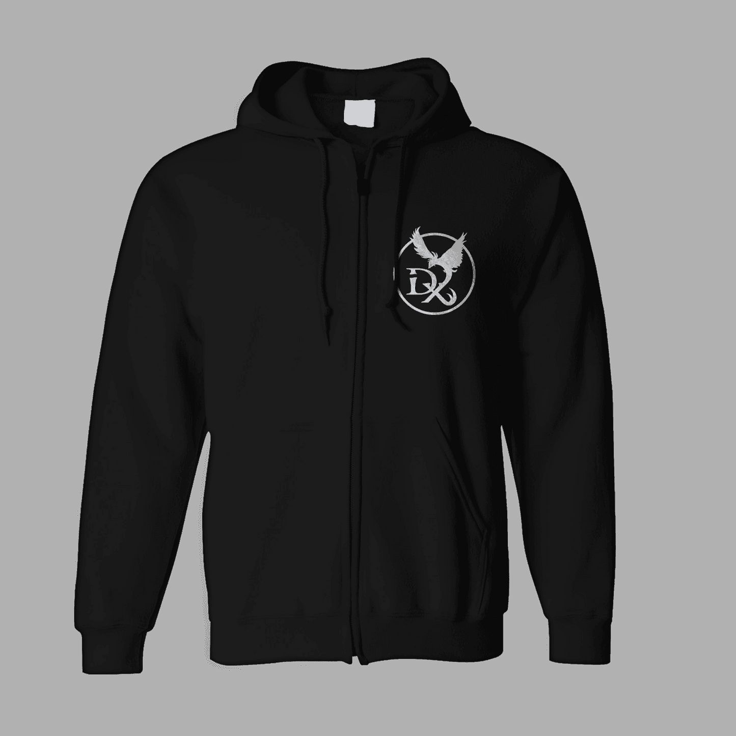 Front view of Dying Phoenix Zipper 'Band Logo' hoodie in black with a small white phoenix emblem and initials on the chest. Stylish zip-up band merchandise.