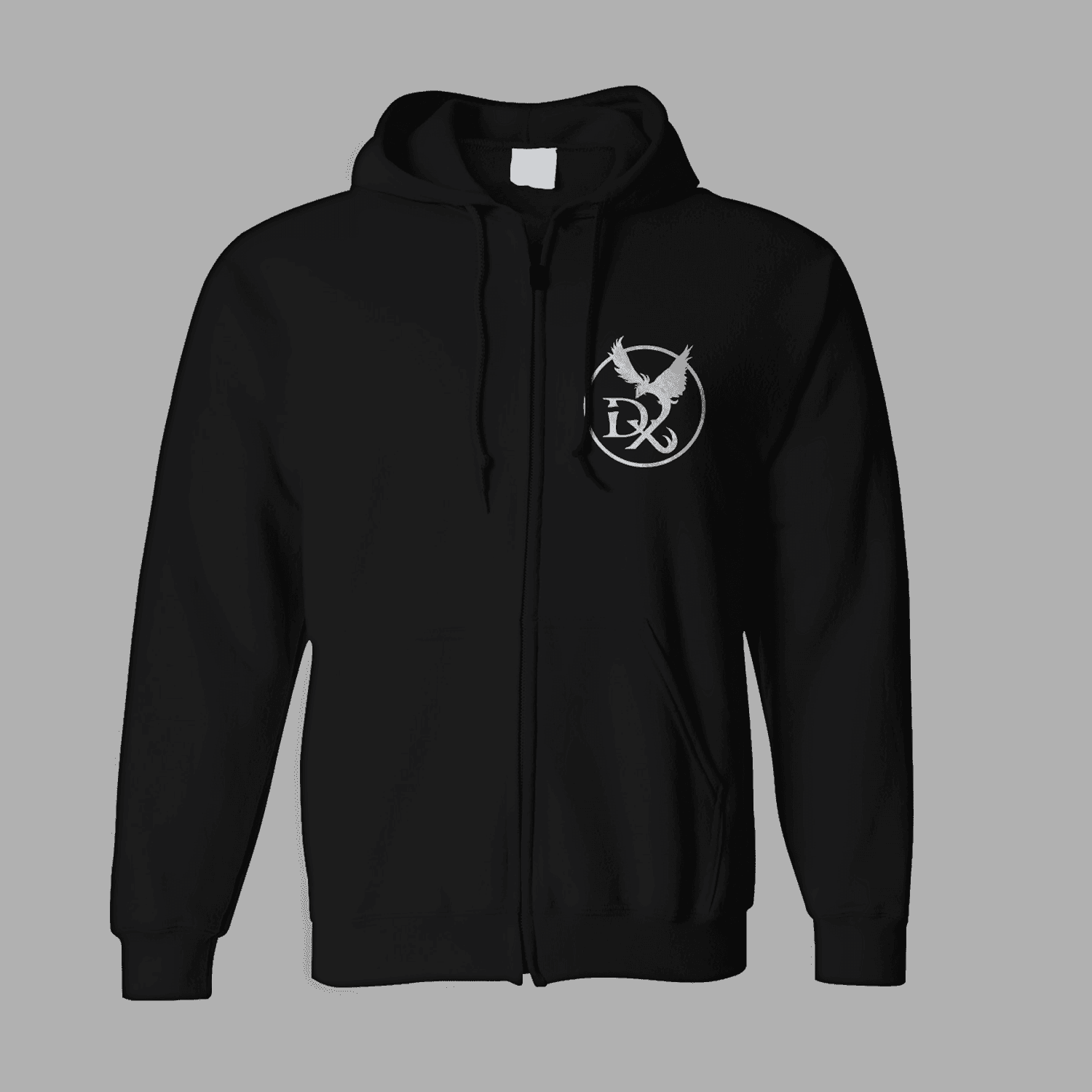 Front view of Dying Phoenix Zipper 'Band Logo' hoodie in black with a small white phoenix emblem and initials on the chest. Stylish zip-up band merchandise.
