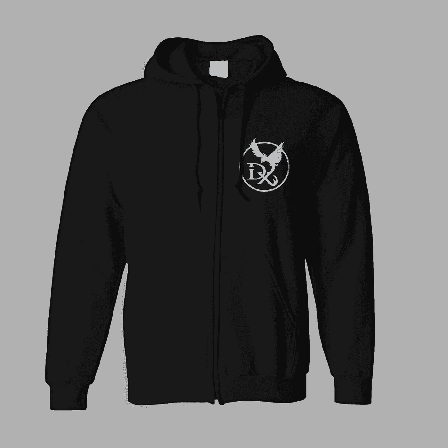 Front view of Dying Phoenix Zipper 'Band Logo' hoodie in black with a small white phoenix emblem and initials on the chest. Stylish zip-up band merchandise.