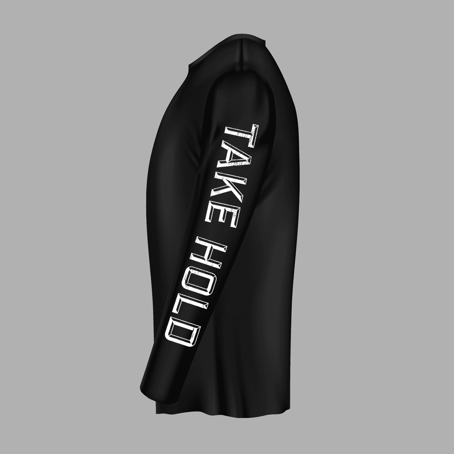 Side view of Geoff Tate Longsleeve 'Guitar X' 2024 shows 'TAKE HOLD' text on sleeve. Stylish apparel for rock tour enthusiasts.