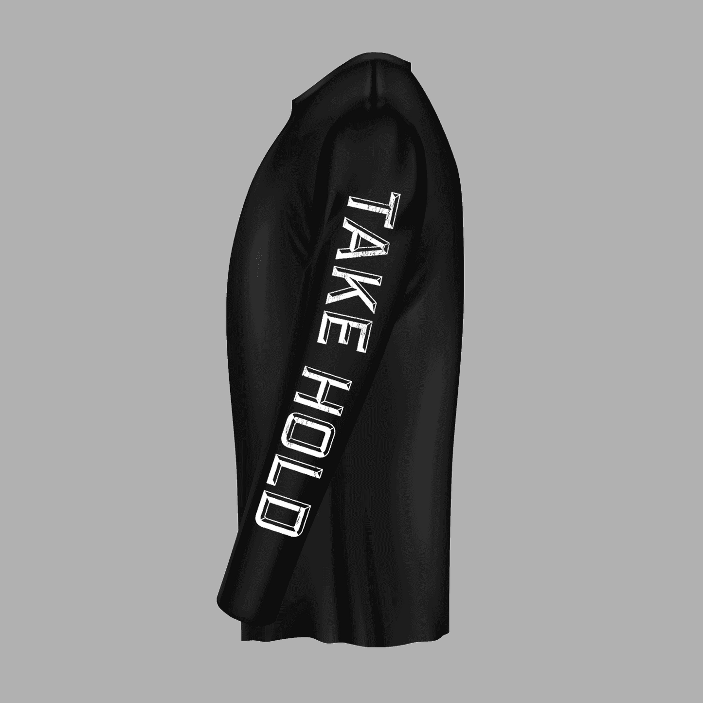 Side view of Geoff Tate Longsleeve 'Guitar X' 2024 shows 'TAKE HOLD' text on sleeve. Stylish apparel for rock tour enthusiasts.