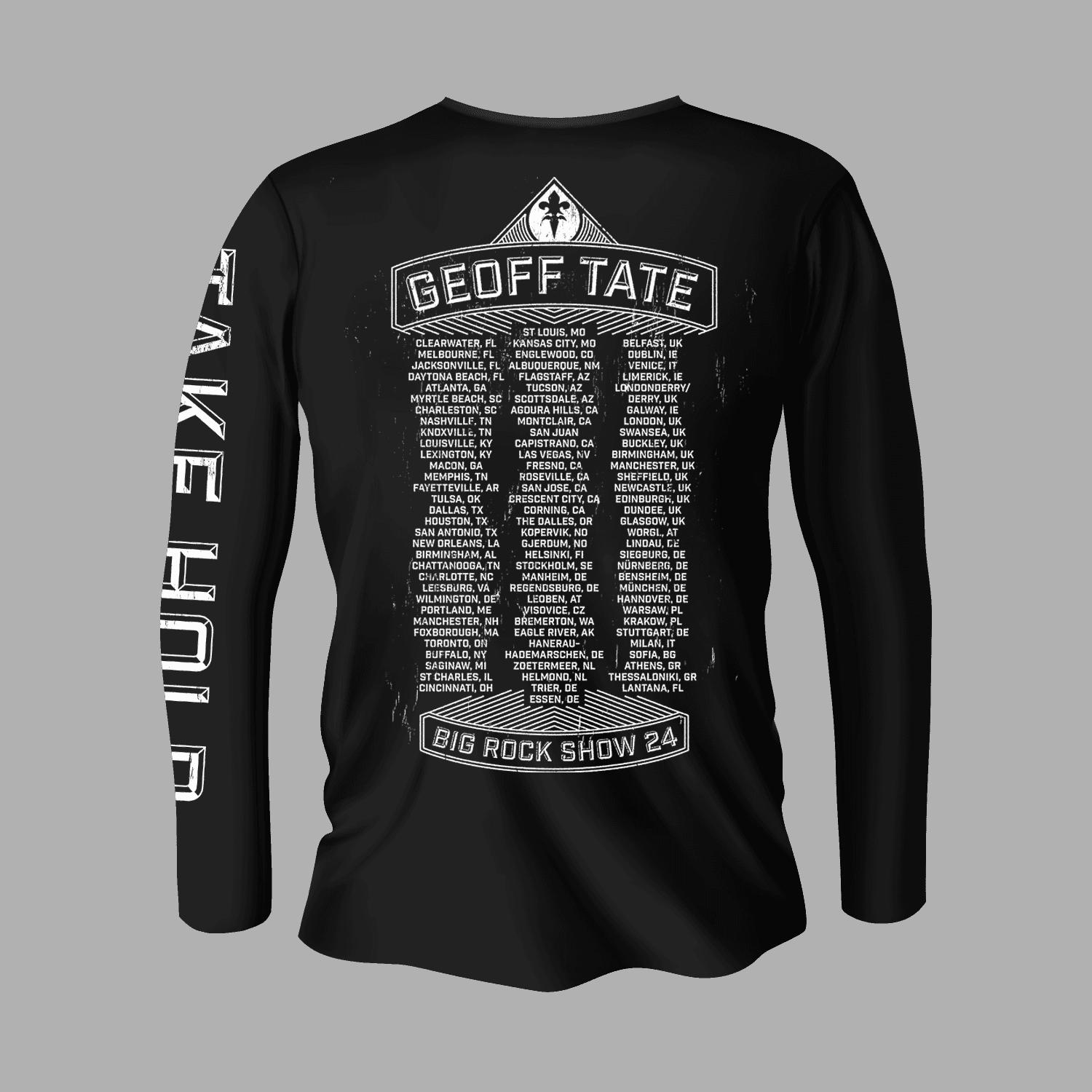 Back of Geoff Tate Longsleeve 'Guitar X' 2024 lists tour cities under 'Big Rock Show 24' with distressed design. Perfect for concert merchandise.