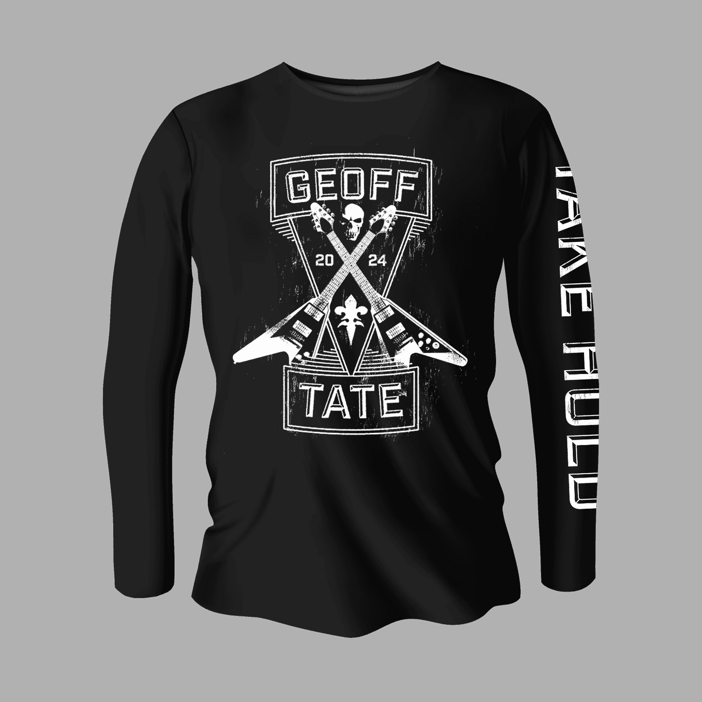 Geoff Tate Longsleeve 'Guitar X' 2024 features crossed guitars, bold text, and 2024 graphic on black sweatshirt. Ideal for rock music fans.