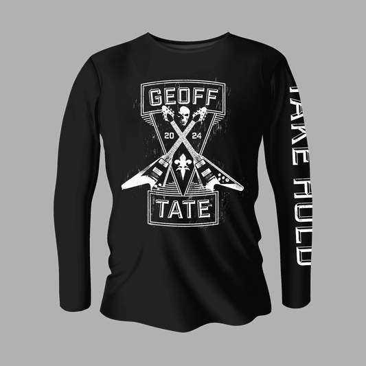 Geoff Tate Longsleeve 'Guitar X' 2024 features crossed guitars, bold text, and 2024 graphic on black sweatshirt. Ideal for rock music fans.