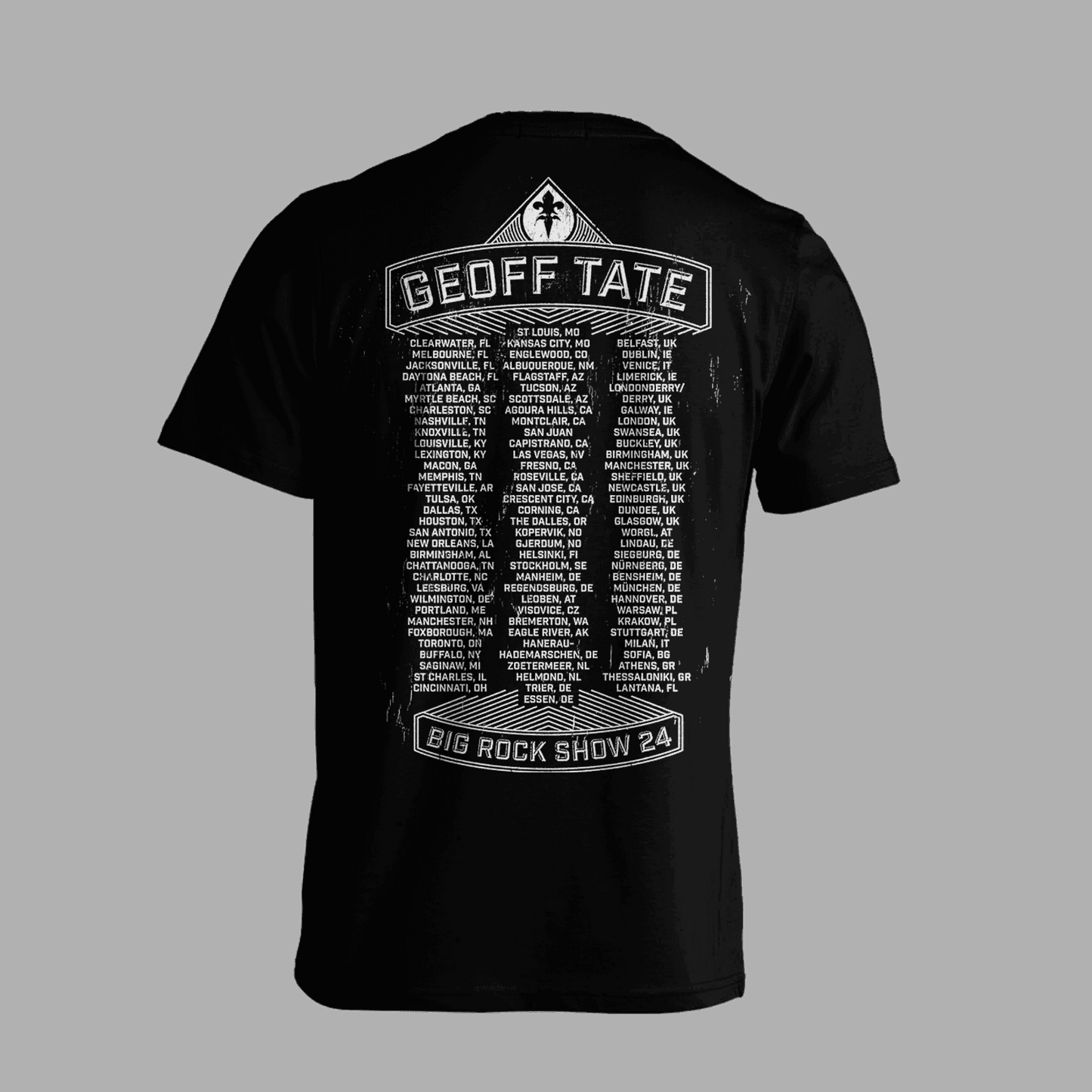 Back of Geoff Tate T-Shirt 'Guitar X' 2024 displays full tour dates under 'Big Rock Show 24' banner, perfect for collectors and concertgoers.