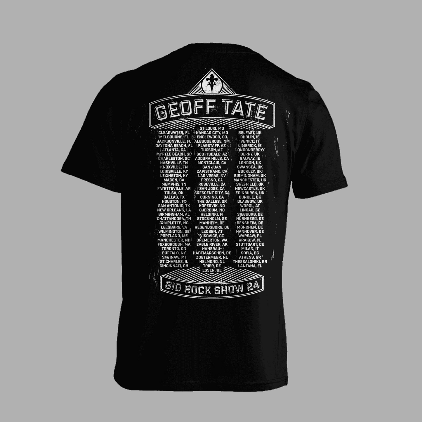 Back of Geoff Tate T-Shirt 'Guitar X' 2024 displays full tour dates under 'Big Rock Show 24' banner, perfect for collectors and concertgoers.