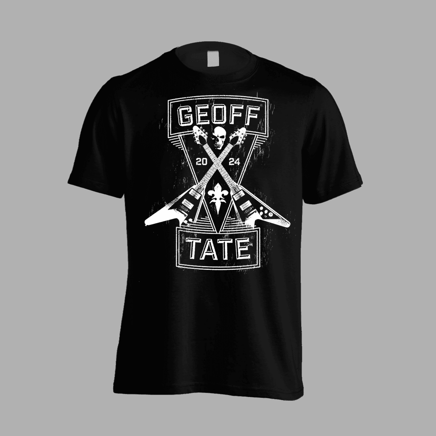 Geoff Tate T-Shirt 'Guitar X' 2024 features crossed guitars, bold white text, and a distressed design on black cotton. Ideal for rock music fans.