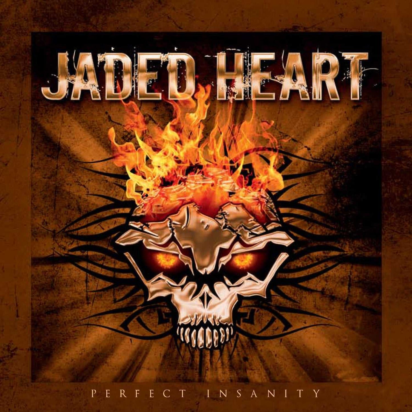 Close-up of Jaded Heart 'Perfect Insanity' CD cover art with flaming skull and bold metallic band logo, perfect for rock CD enthusiasts.