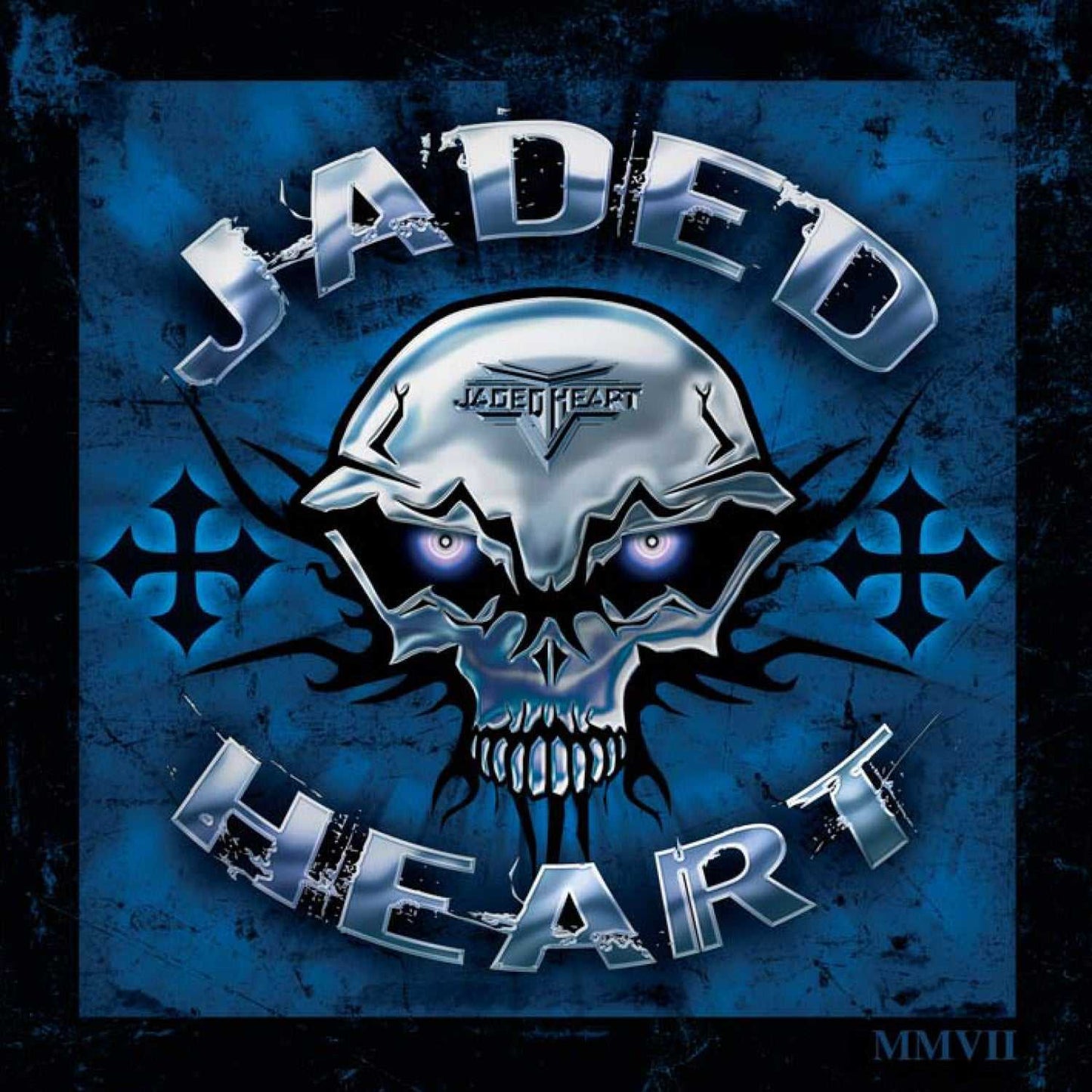 Close-up of Jaded Heart 'Sinister Mind' CD cover art with silver skull and bold lettering. Ideal for fans of heavy metal and rock music CDs.