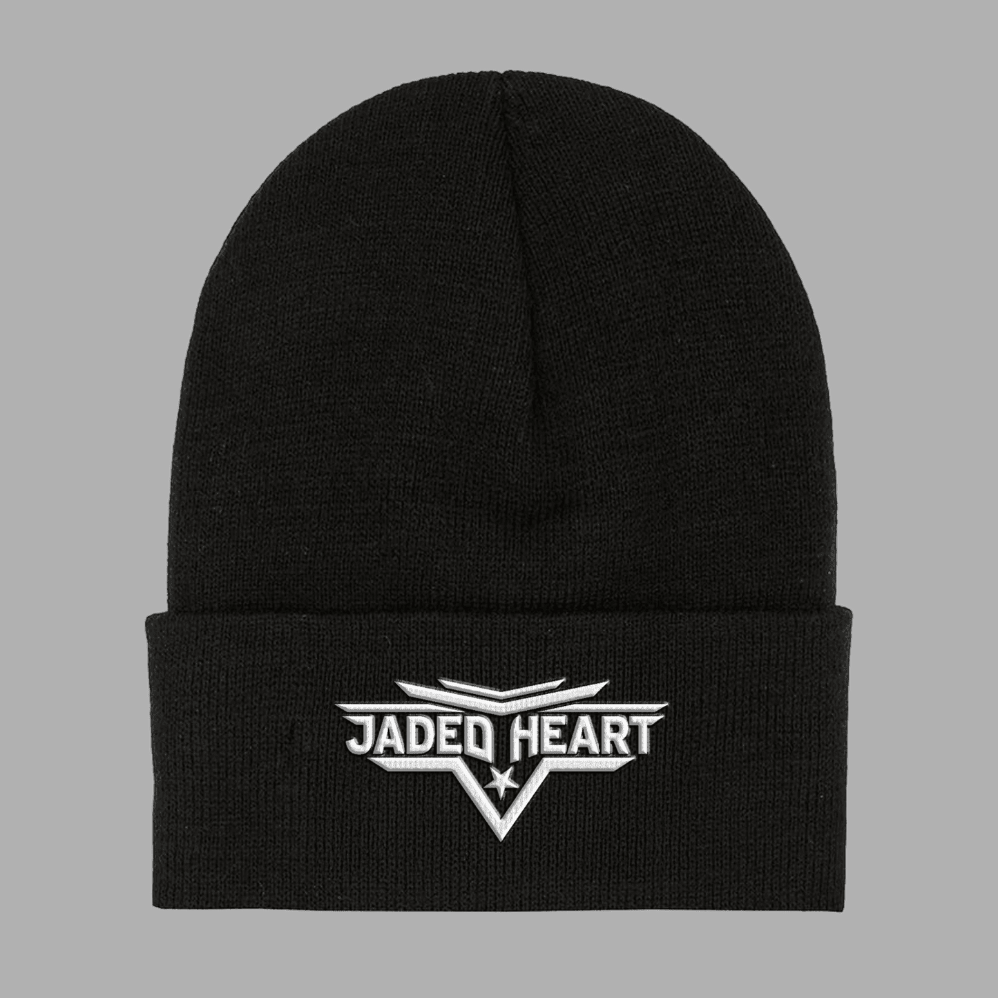 Black Jaded Heart Beanie featuring embroidered white Jaded Heart logo on front cuff.