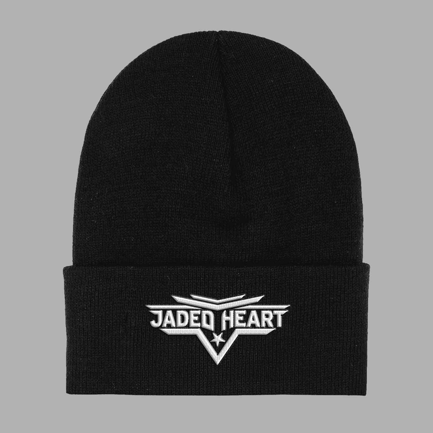 Black Jaded Heart Beanie featuring embroidered white Jaded Heart logo on front cuff.