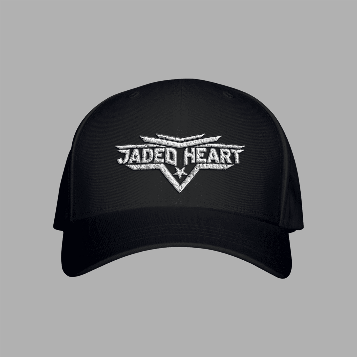 Black Jaded Heart Cap featuring embroidered silver logo with bold text and winged design, ideal for fans of Jaded Heart merch.