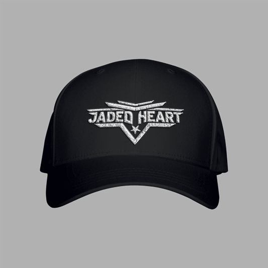 Black Jaded Heart Cap featuring embroidered silver logo with bold text and winged design, ideal for fans of Jaded Heart merch.