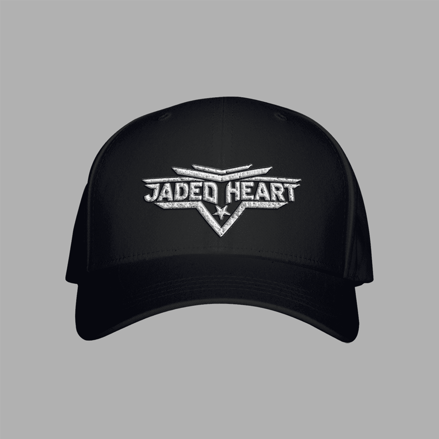 Black Jaded Heart Cap featuring embroidered silver logo with bold text and winged design, ideal for fans of Jaded Heart merch.