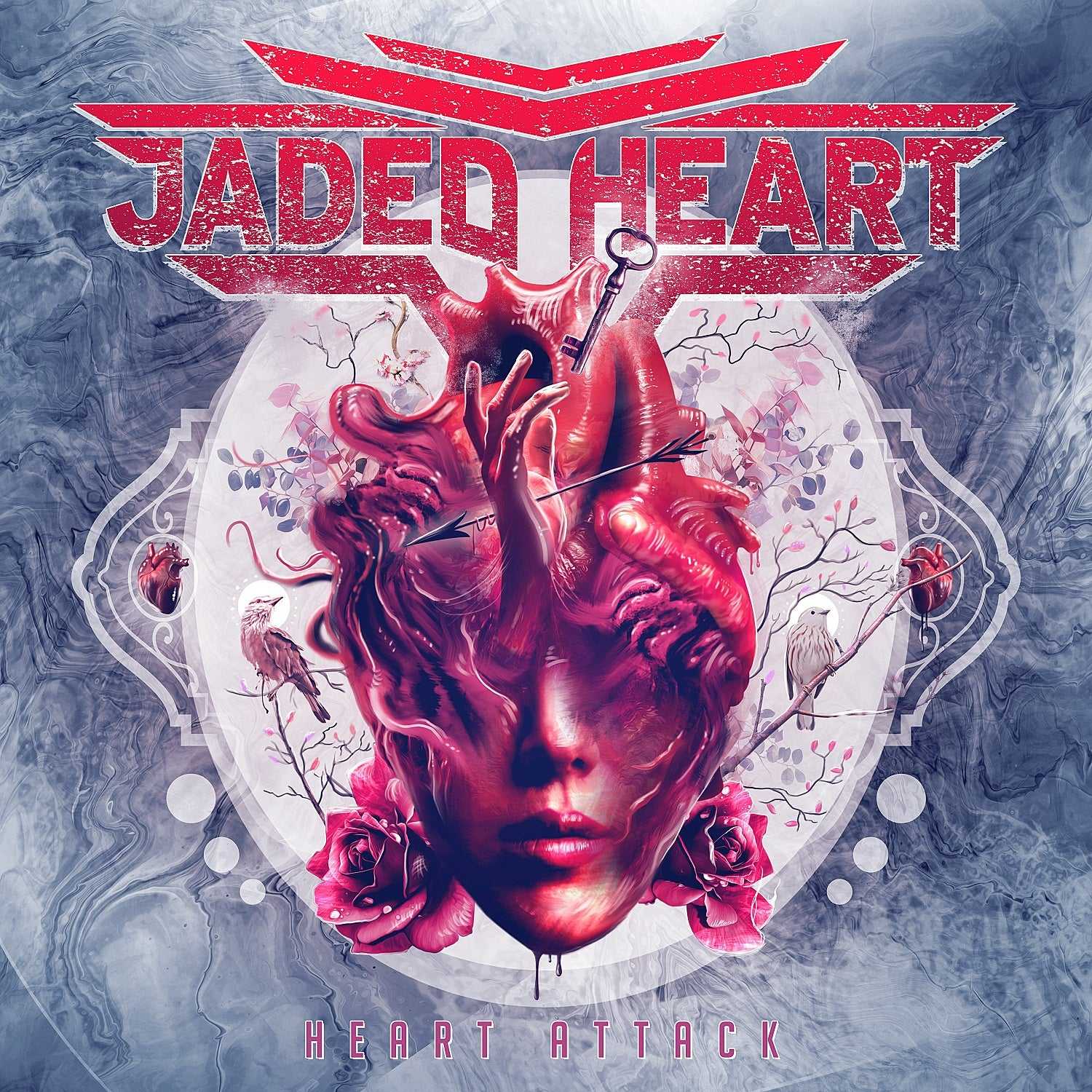 Close-up of Jaded Heart 'Heart Attack' LP cover art showing a vivid anatomical heart fused with a woman's face, surrounded by roses and abstract elements.