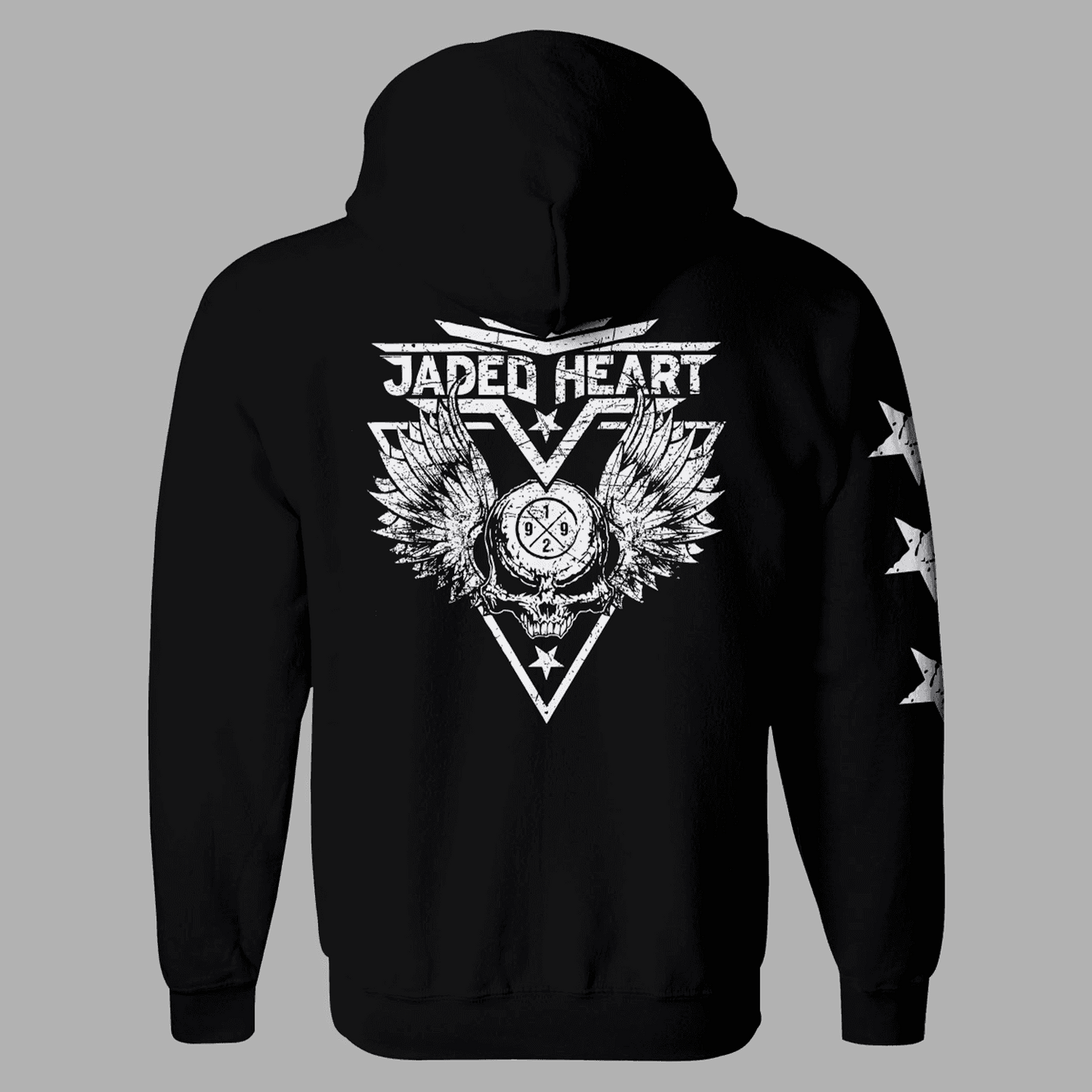 Back view of Jaded Heart Zipper hoodie showcasing bold winged emblem and triangle design with band logo; includes star prints on sleeve.