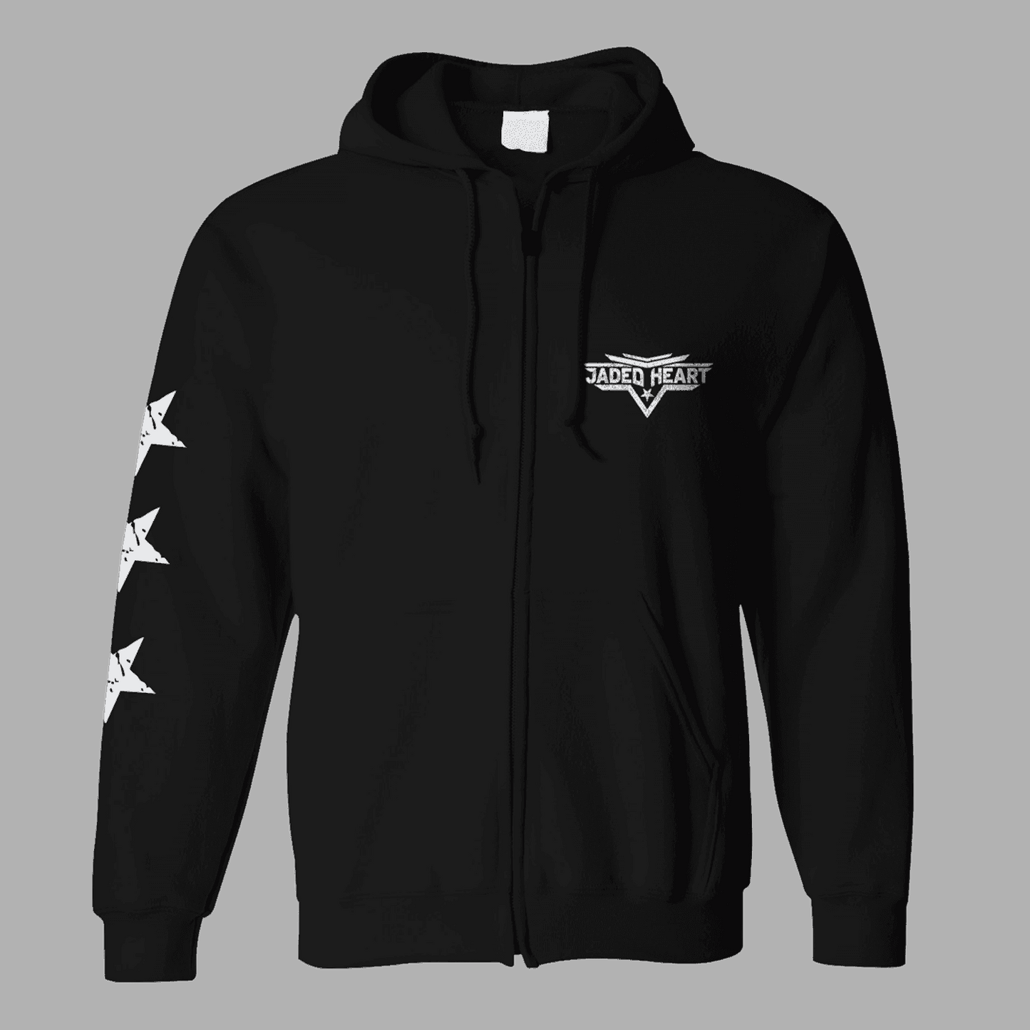 Jaded Heart Zipper black hoodie with front zipper, drawstring hood, and white Jaded Heart logo on chest; features star graphics on sleeve.