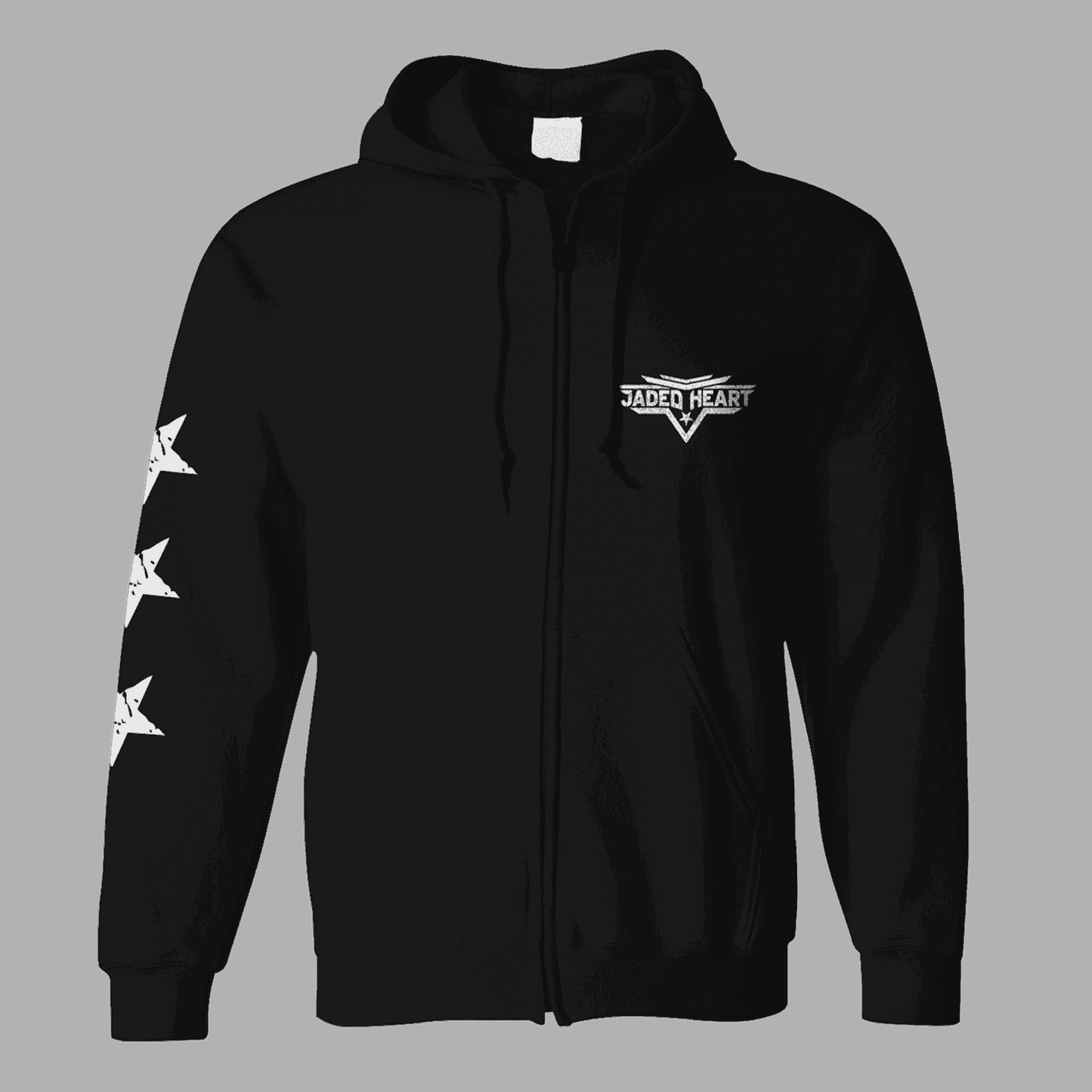 Jaded Heart Zipper black hoodie with front zipper, drawstring hood, and white Jaded Heart logo on chest; features star graphics on sleeve.