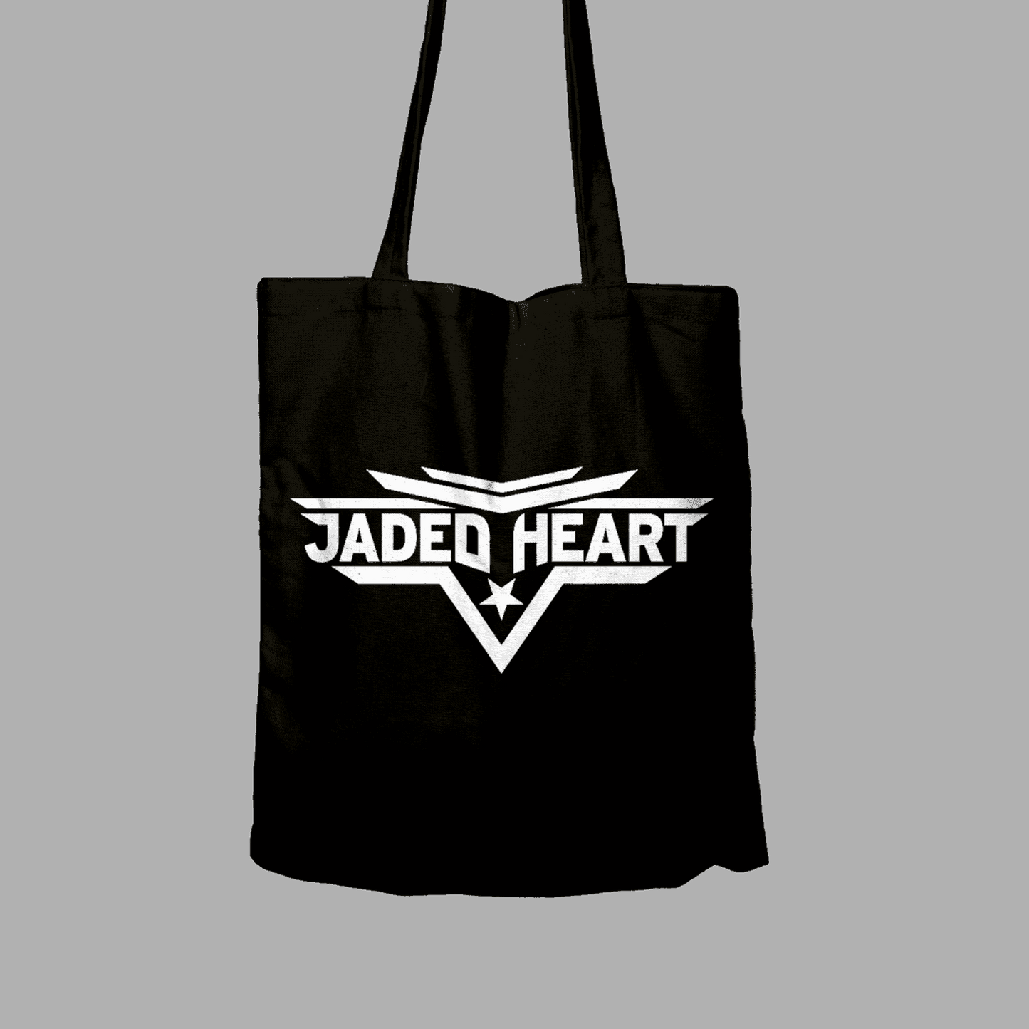 Black Jaded Heart Bag tote with bold white logo. Durable and stylish design.