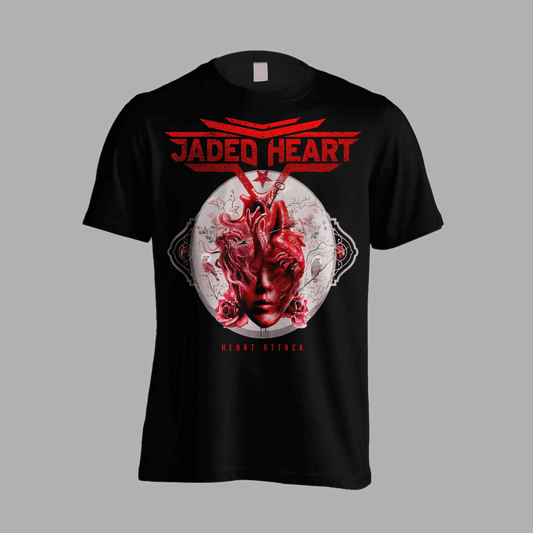 Jaded Heart T-Shirt 'Heart Attack' features bold red band logo and surreal heart-face graphic on black cotton tee, perfect for rock apparel lovers.