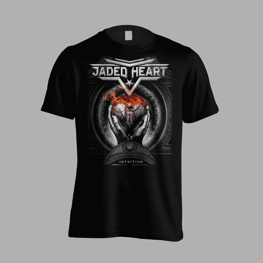 Jaded Heart T-Shirt 'Intuition' features a fiery heart graphic held by hands with metallic accents and band logo on black cotton fabric.
