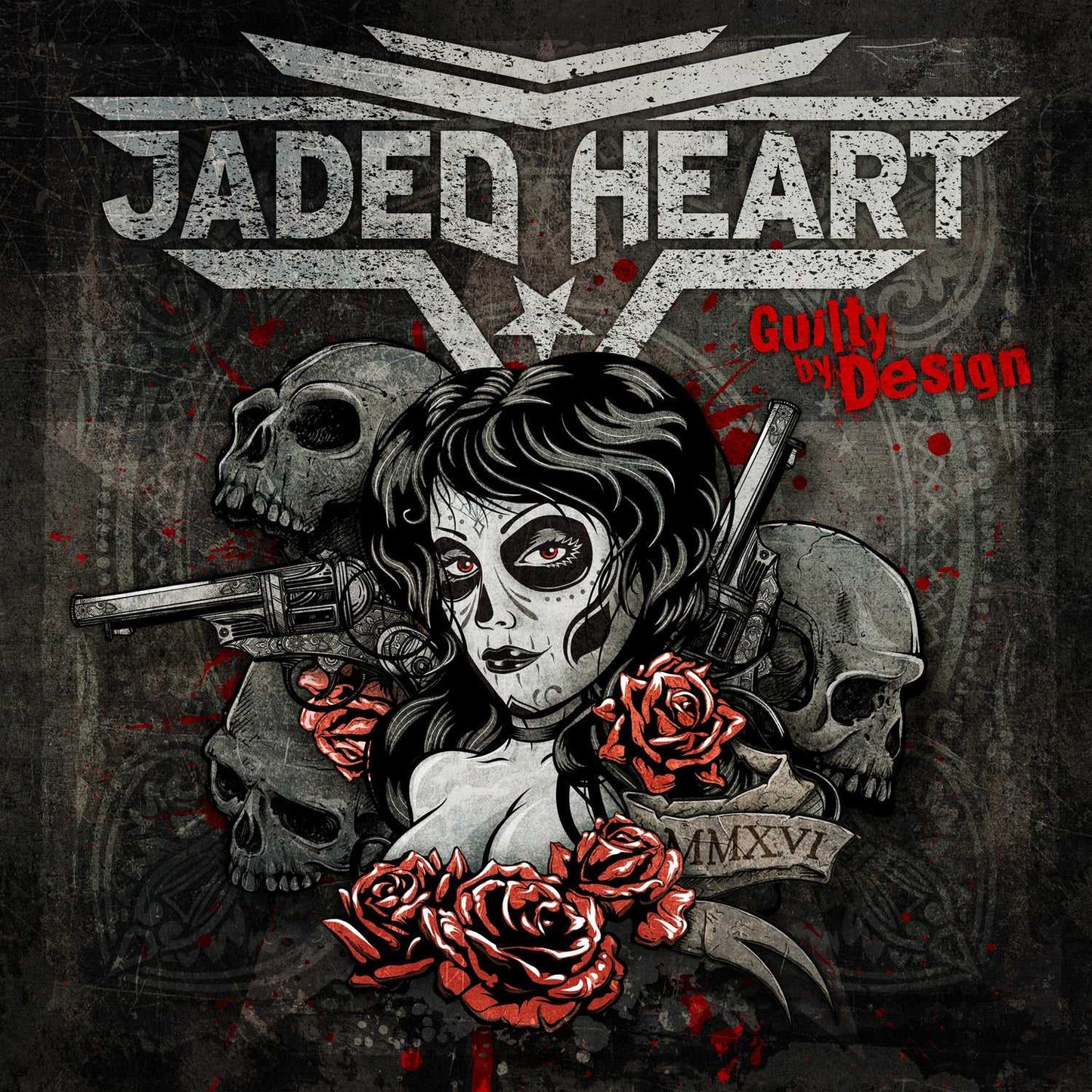 Close-up of Jaded Heart 'Guilty By Design' CD cover art showing detailed gothic illustration with skulls, red roses, and stylized female figure.
