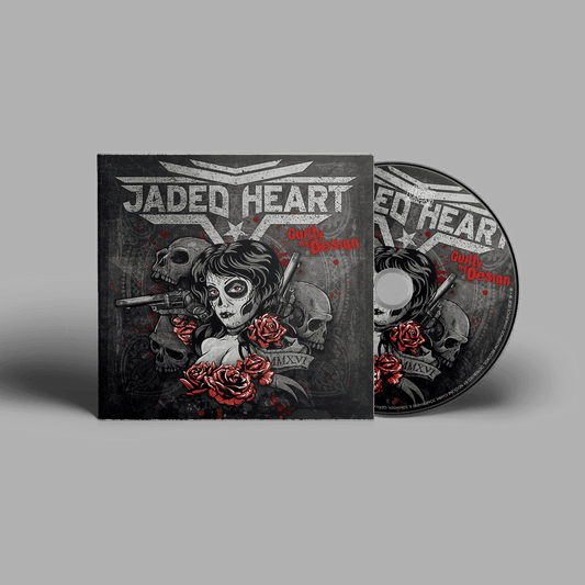 Jaded Heart CD 'Guilty By Design' in digipack format featuring gothic artwork with skulls, roses, and a woman with face paint. Ideal for rock music fans.