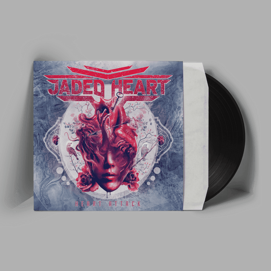 Jaded Heart LP 'Heart Attack' Vinyl features a surreal cover with a heart merging into a face, packaged in a black vinyl sleeve. Ideal for rock music collectors.