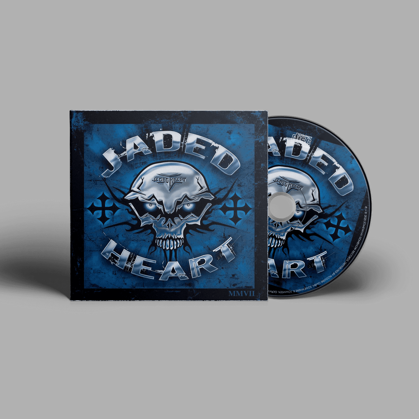 Jaded Heart CD 'Sinister Mind' in digipack format featuring a metallic skull design on a blue background. Hard rock album for music collectors.