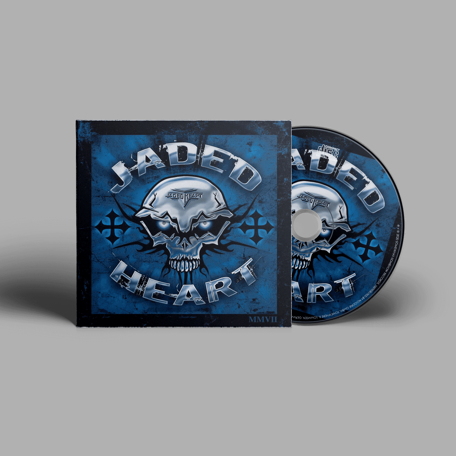 Jaded Heart CD 'Sinister Mind' in digipack format featuring a metallic skull design on a blue background. Hard rock album for music collectors.
