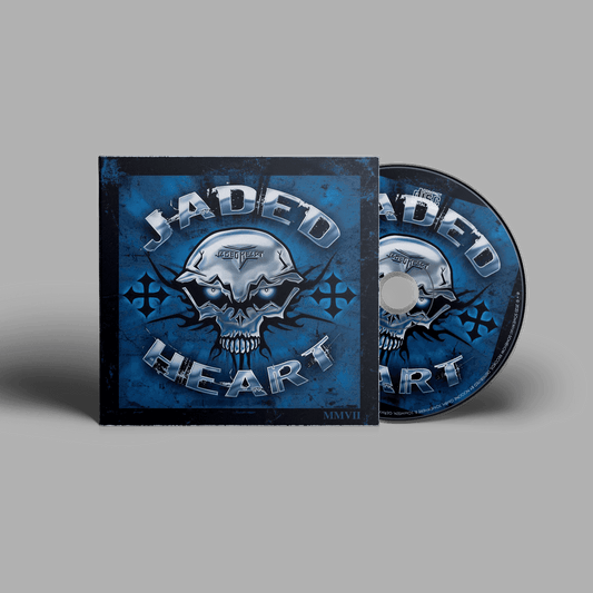 Jaded Heart CD 'Sinister Mind' in digipack format featuring a metallic skull design on a blue background. Hard rock album for music collectors.