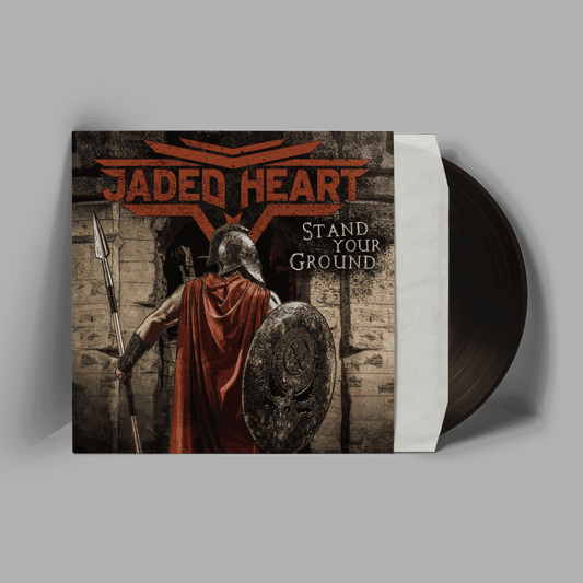 Jaded Heart LP 'Stand Your Ground' Vinyl features a warrior with shield and spear on the album cover, ideal for rock and metal vinyl collectors.